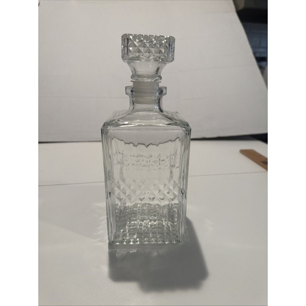 Vintage French Cut Square Glass Decanter 9" Bourbon Whiskey Glass Bottle